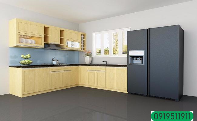 Tủ bếp chữ L đơn giản bằng gỗ sồi Nga