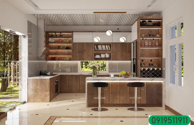 Mẫu tủ bếp gỗ óc chó hiện đại có quầy bar Mẫu tủ bếp gỗ óc chó hiện đại có quầy bar