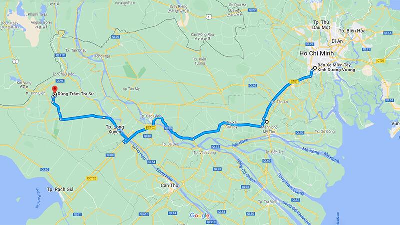 Bản đồ từ Thành phố Hồ Chí Minh đến Rừng tràm Trà Sư